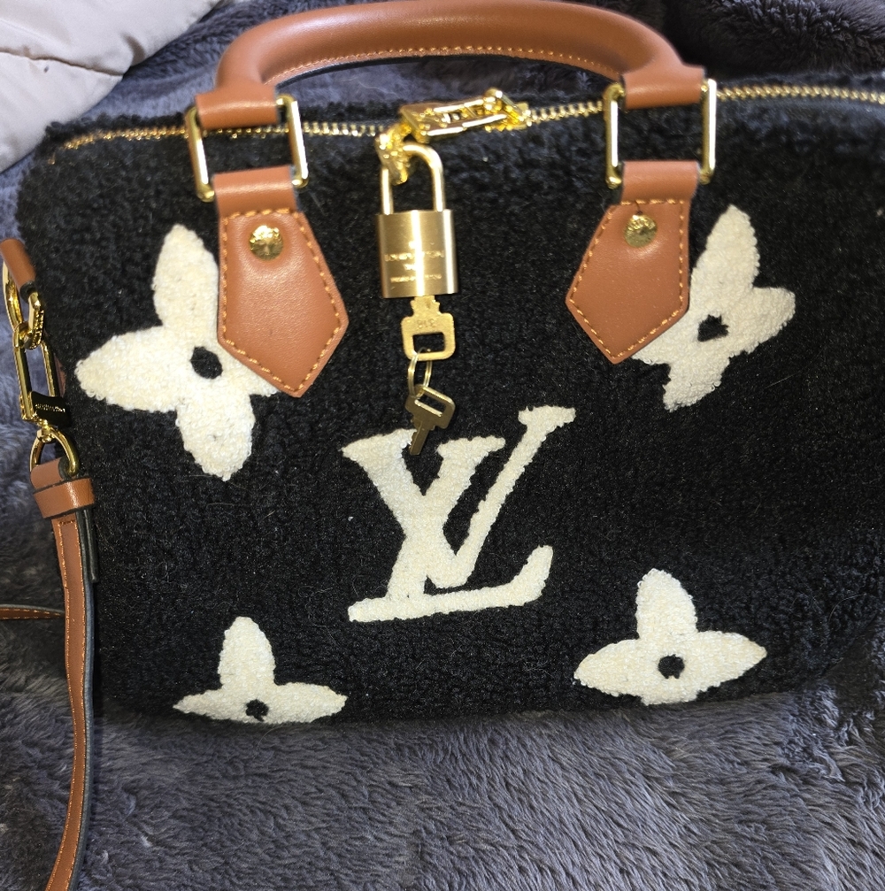 Luxury Black & Cream Shearling Satchel with Tan Leather Handles